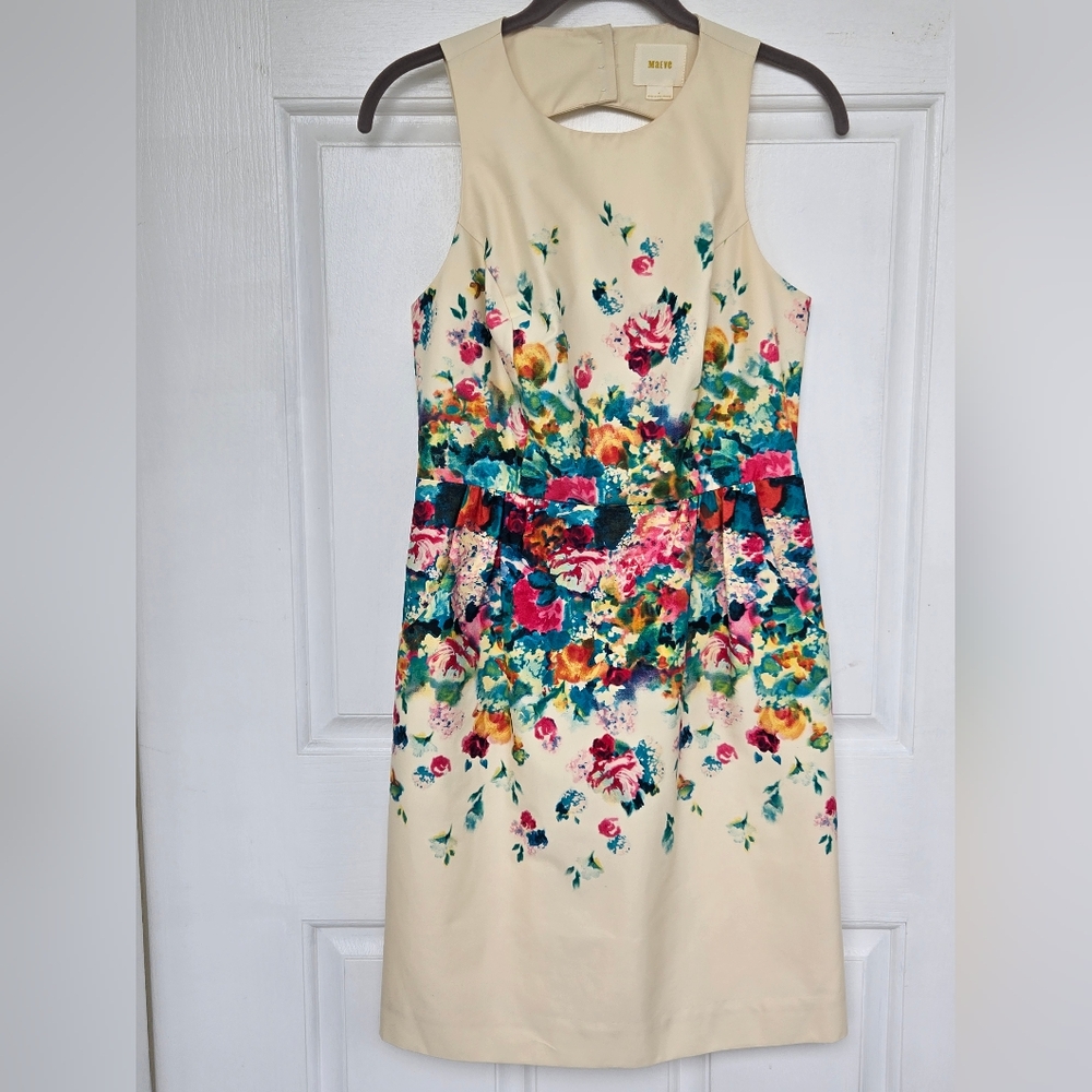 Anthropologie By Maeve Lined Elegant Cream Floral Midi Dress With Pockets